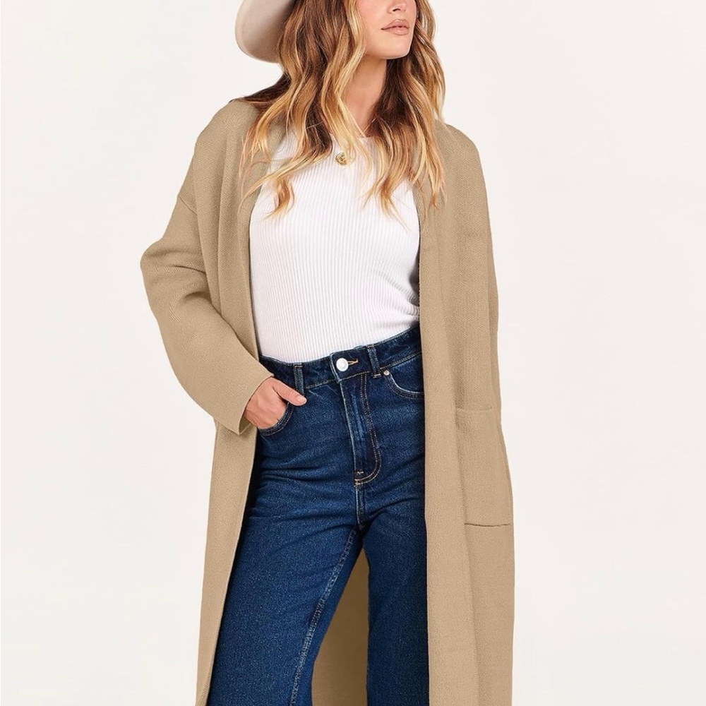 Open-Front Long Cardigan with Front Pockets in Beige Size M